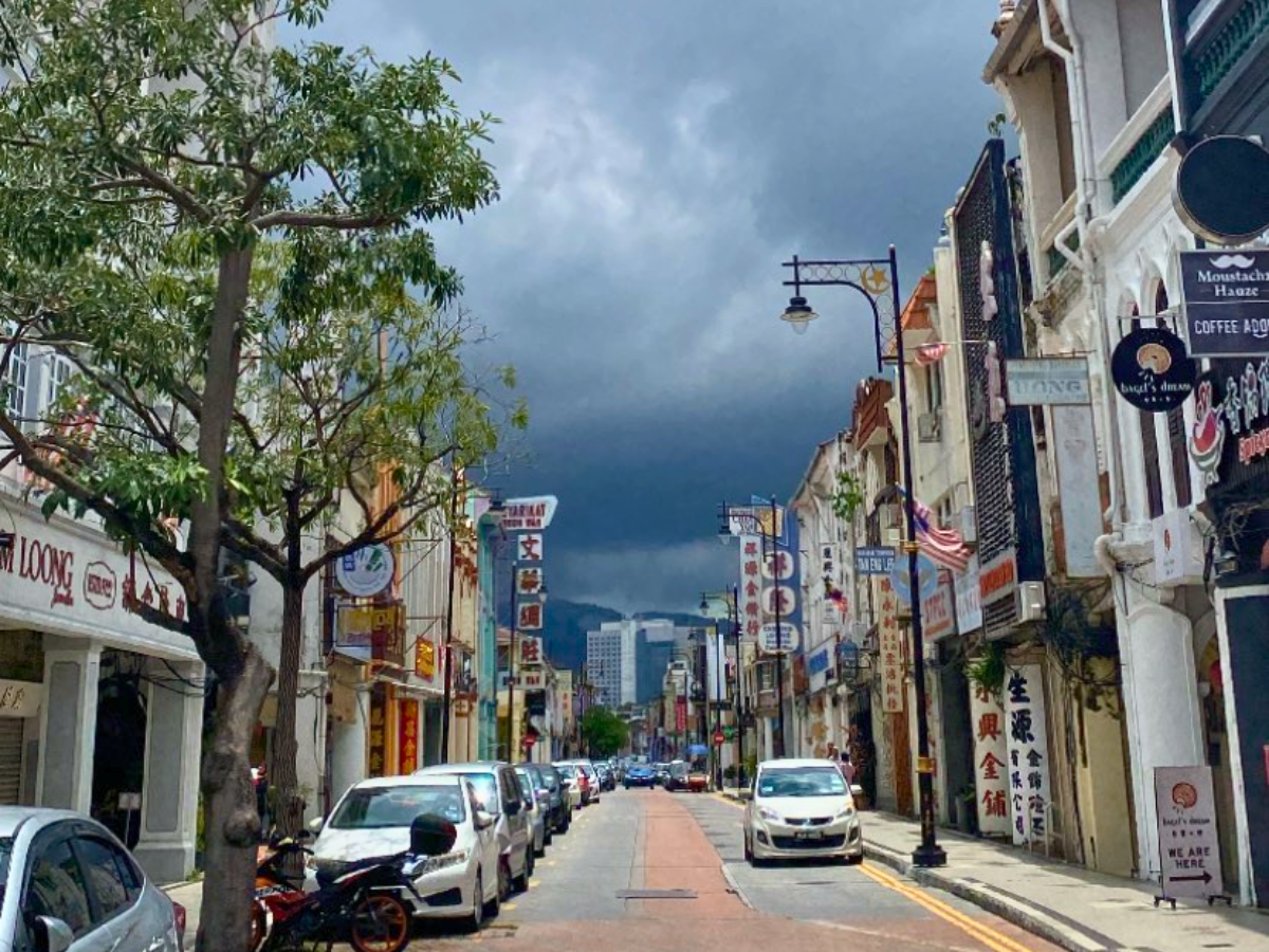 The empty streets of George Town, Penang in Malaysia on a cloudy Ghost Day during Ghost Month