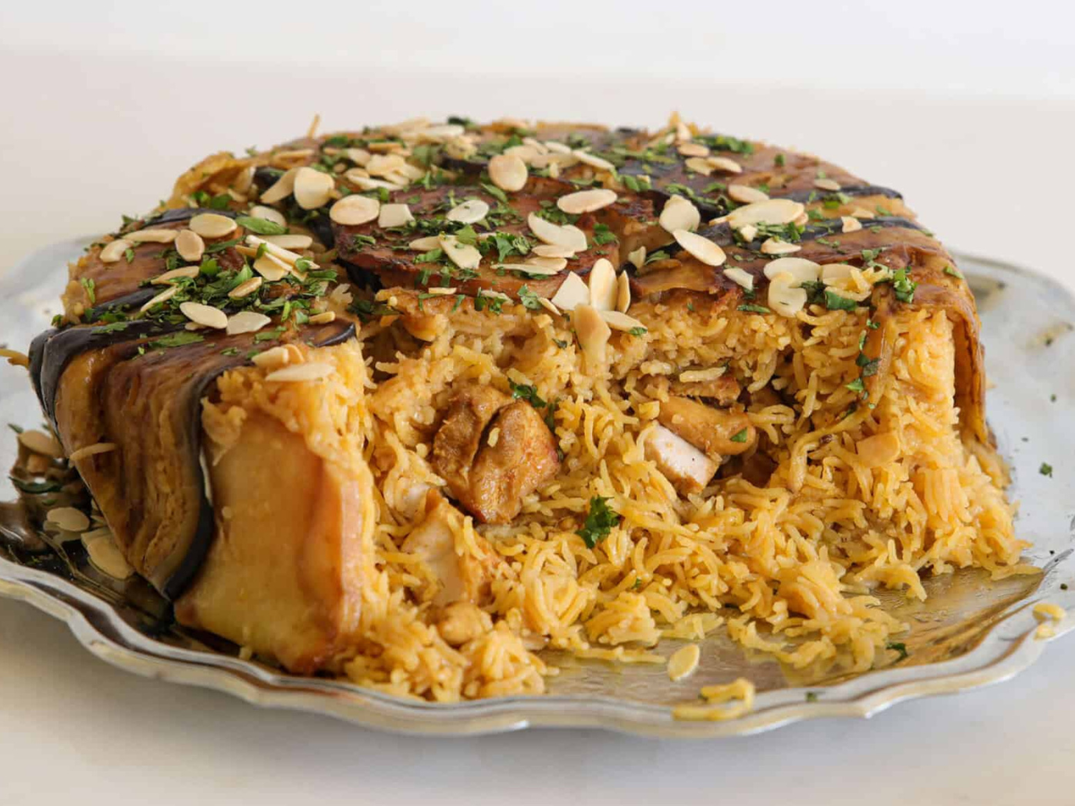 Maqlouba / Makloubeh, a popular Palestinian rice dish that gets flipped upside down before its served