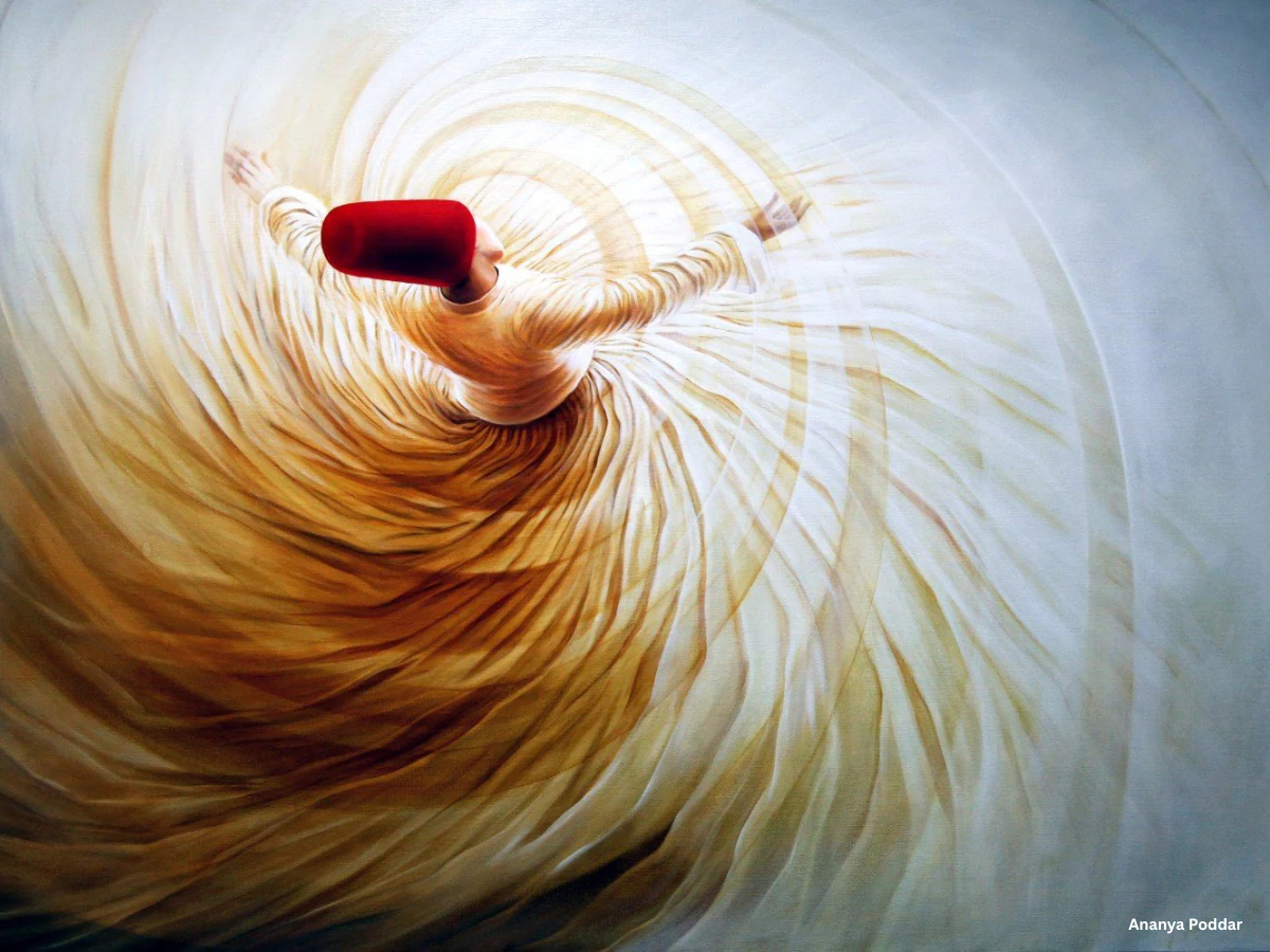 A painting of a Sufi Whirling Dervish twirling in a meditative spiritual dance by Ananya Poddar