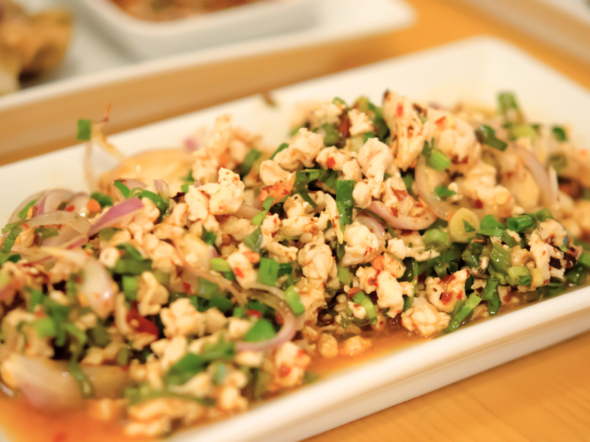 Chicken Laab or Larb salad, one of Thailand’s oldest dishes, a refreshing and zesty minced salad