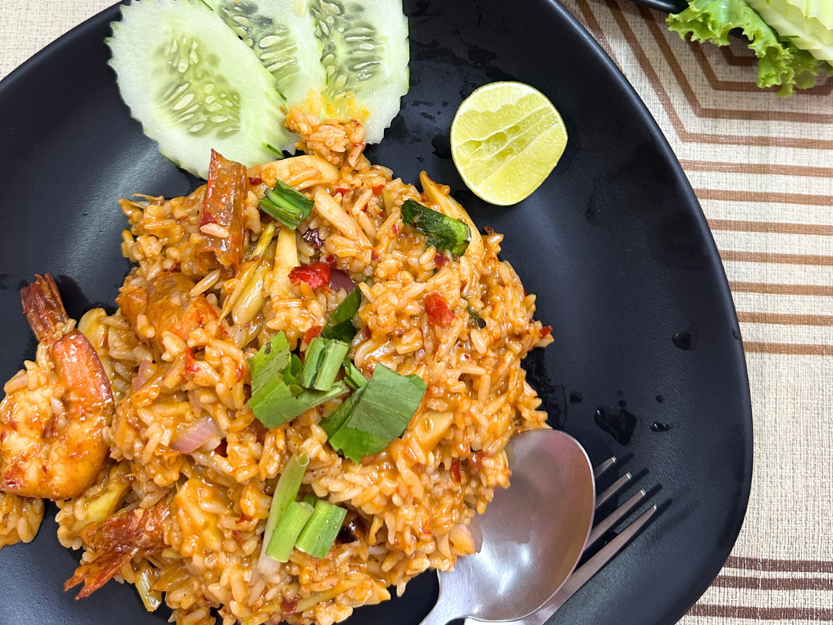 Tom yum fried rice with prawn AKA Khao Pad Tom Yum, a thai mash up of Tom Yum Goong soup and fried rice