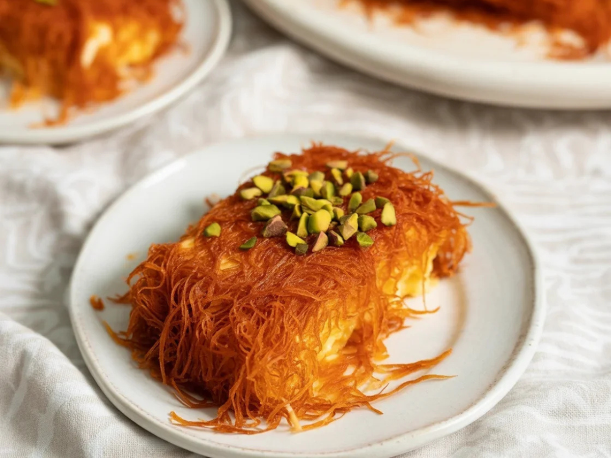 Image alt text: Palestinian kunafa is known as knafeh Nabulsiyeh, with the crispy shredded kataifi being the main characteristic that differentiates it from the Lebanese knefe