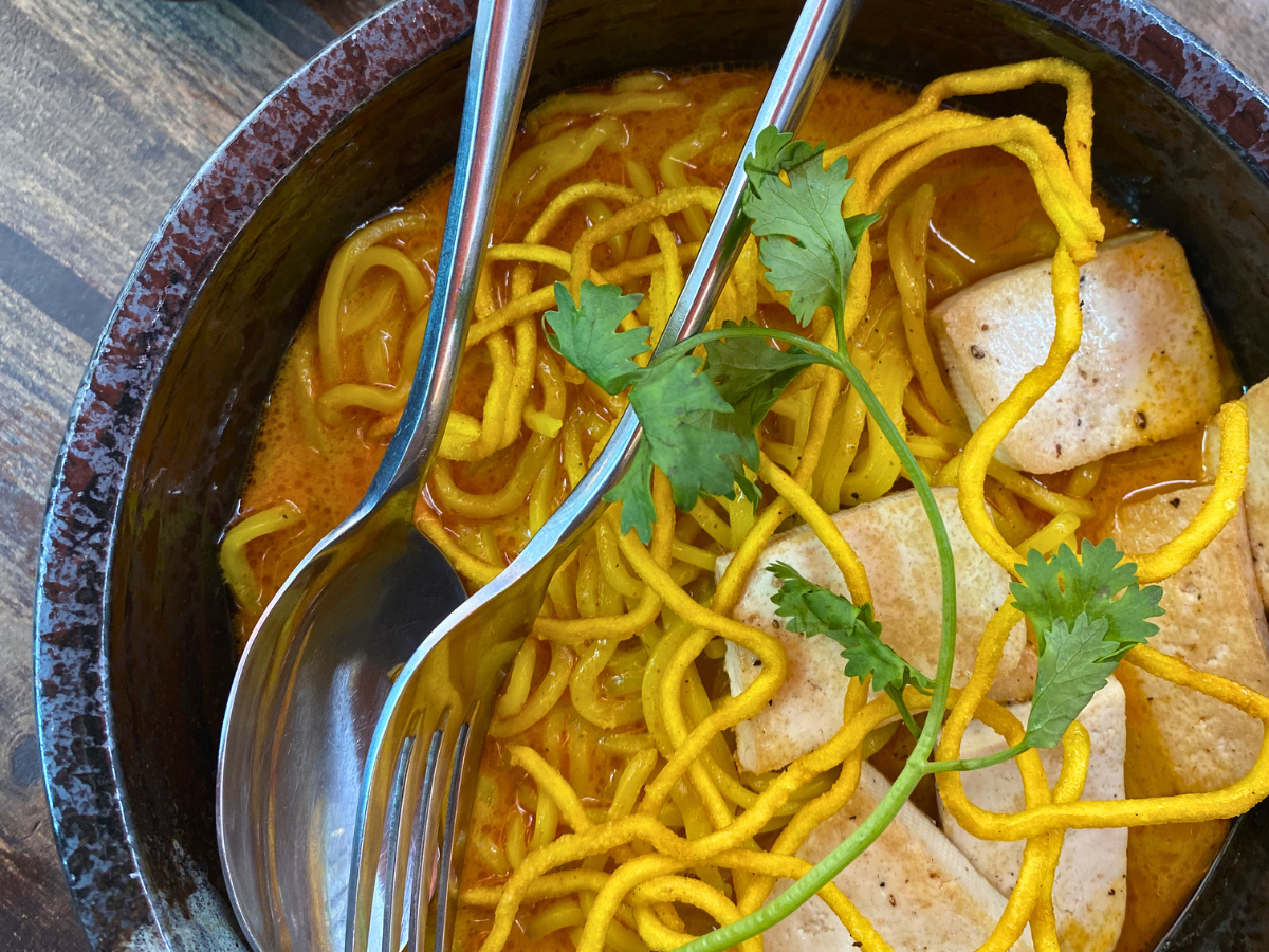 Khao Soi with tofu, a very popular curry noodle soup dish most commonly eaten in the north of Thailand