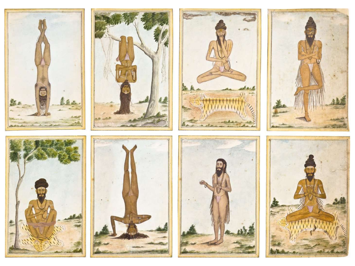 An illustration of various asanas demonstrated by a South Asian male