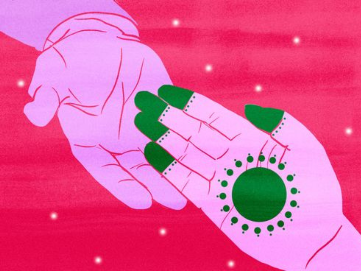 Artwork by an unknown artist depicting two palms touching, one with henna and one without, symbolizing the joining of two cultures