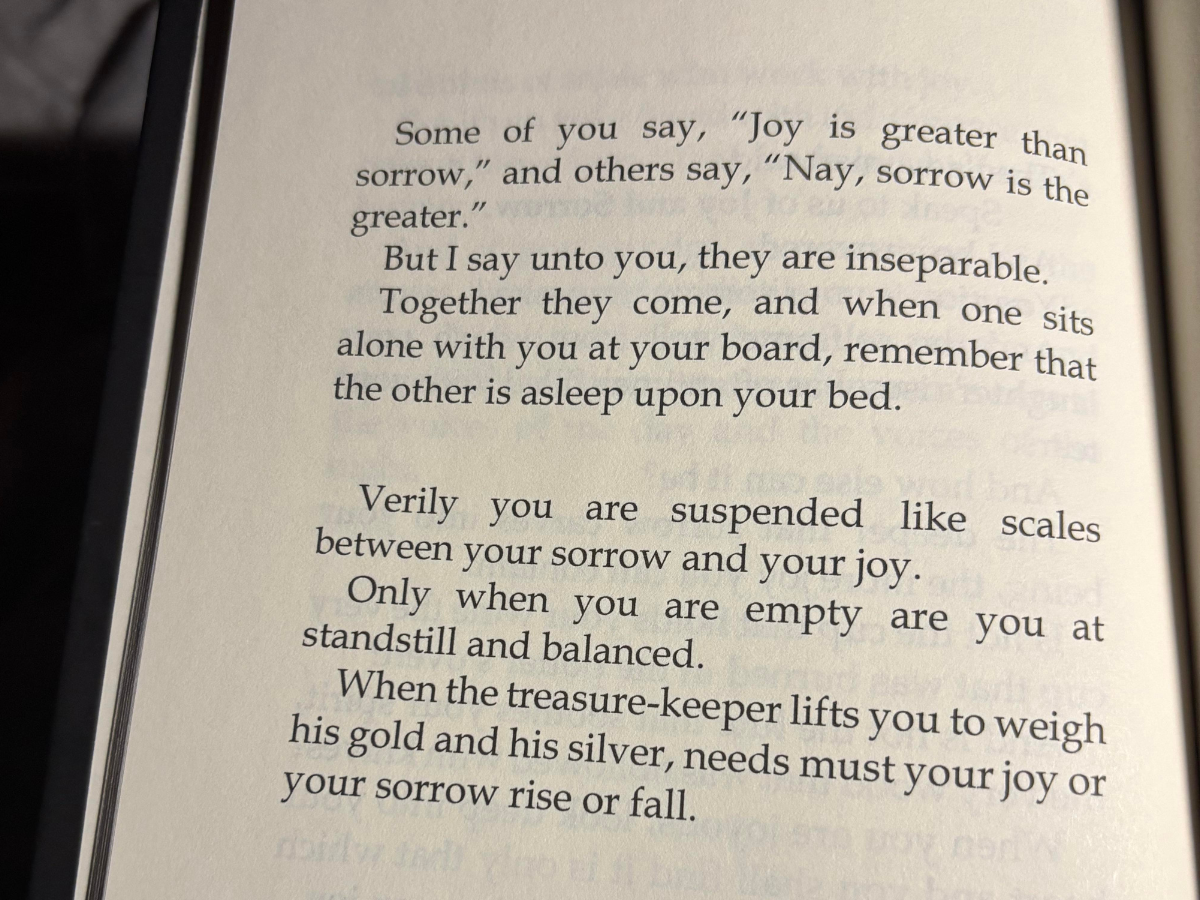 An image depicting an excerpt on joy and sorrow from Kahlil Gibran’s most popular book, The Prophet