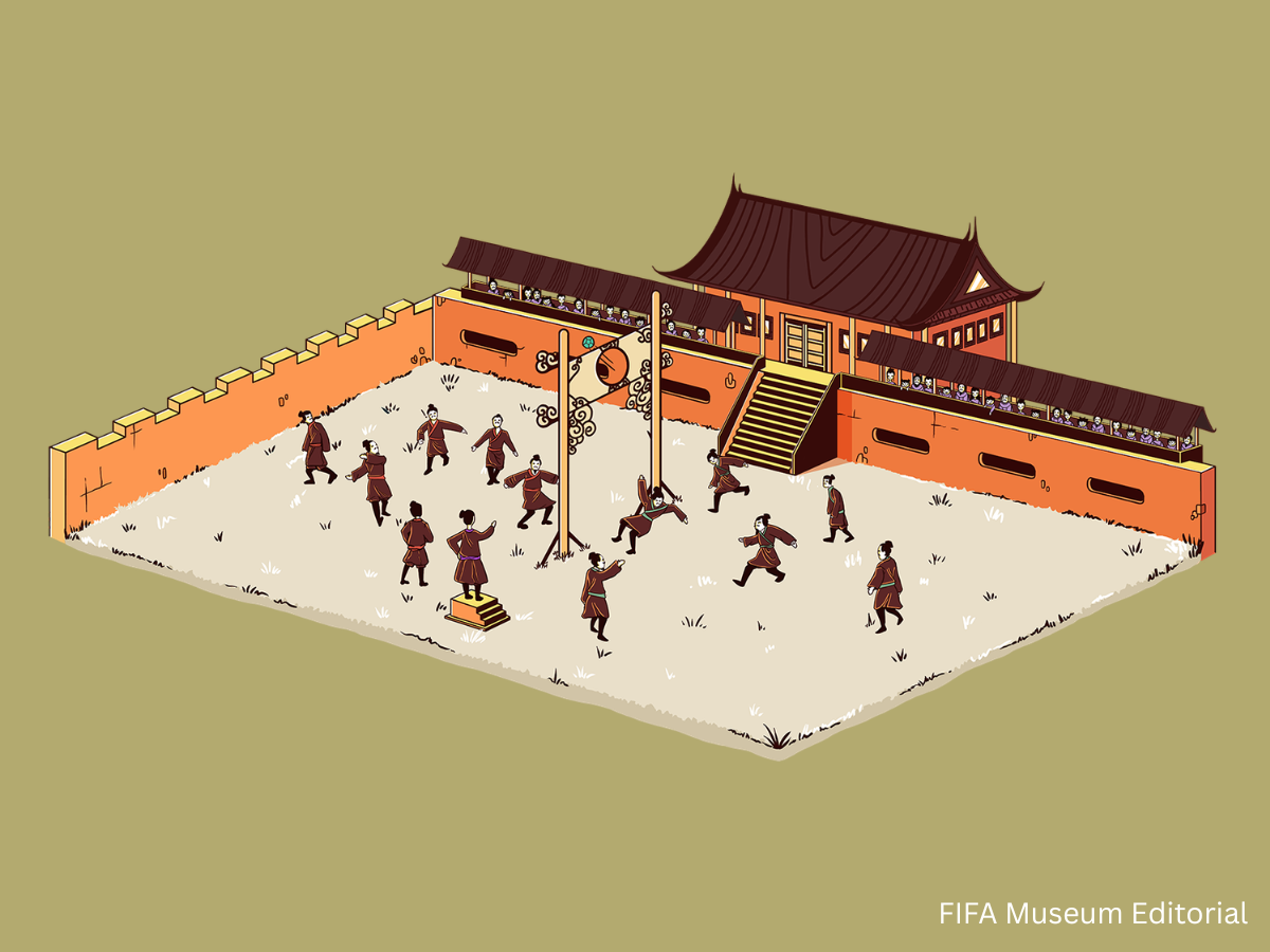Digital rendering depiction of Chinese cuju players scattered in a field, with a referee and an audience