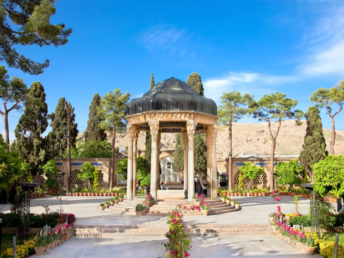 Hafiz’s tomb, located in the Musalla Gardens inside a memorial site known as the Hafezieh, in Shiraz, Iran