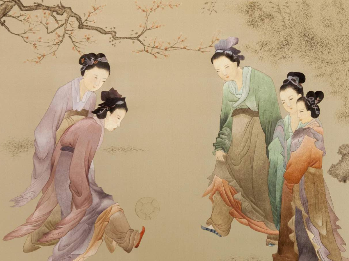 Painting depicting Chinese women kicking a ball, likely demonstrating the baida style of cuju, while dressed in traditional attire