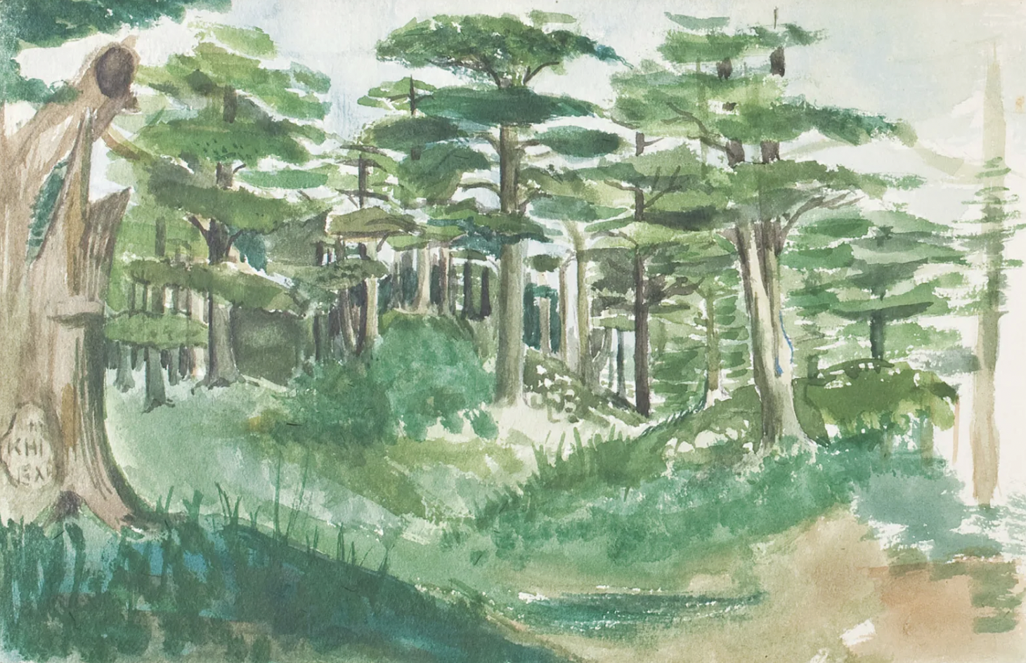 An image of one of Gibran Khalil Gibran’s earlier sketches of the lush forests of Mount Lebanonm, painted when he was around the age of 12