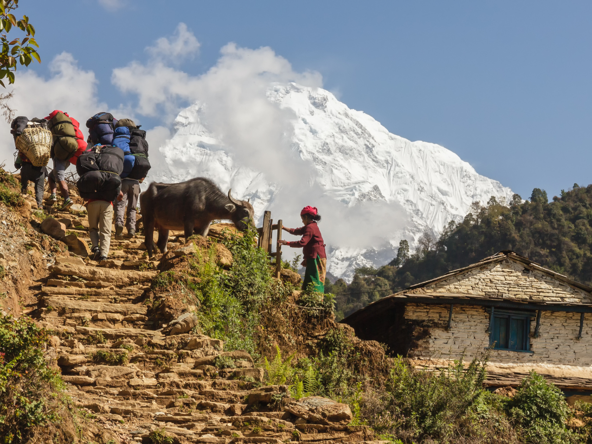 Trekkers hiking through Nepali villages with views of snowy mountain peaks