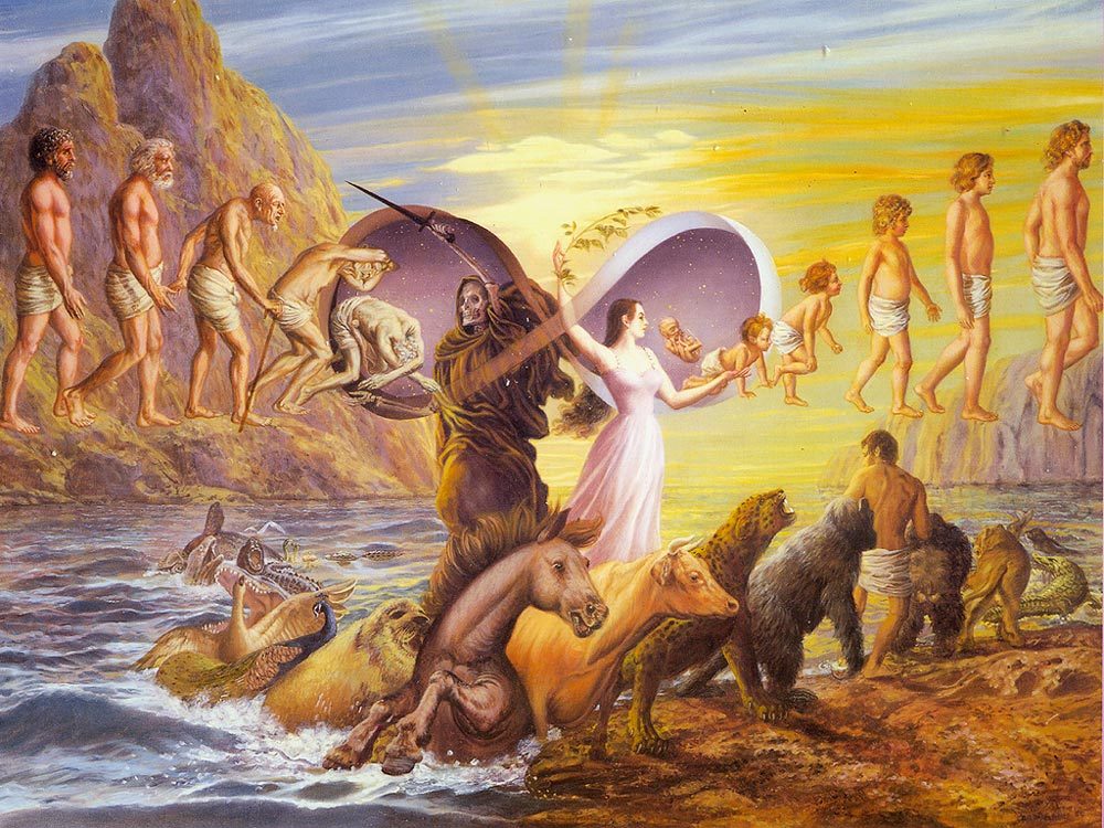 An image by an unknown artist depicting the infinite cycles of death, life, and rebirth that humans and animals go through, also known as Samsara